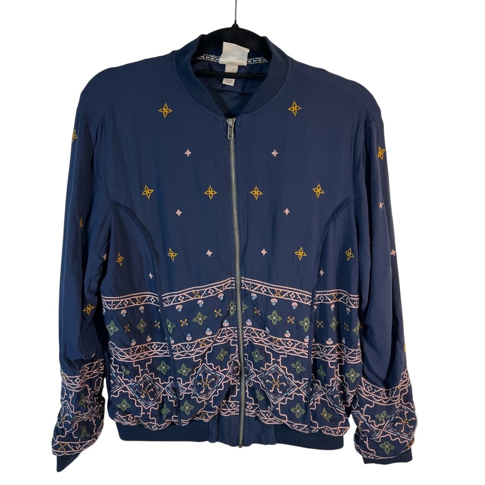 Knox Rose Navy Blue Embroidered Boho Bomber Jacket Small Floral Festival Cottage